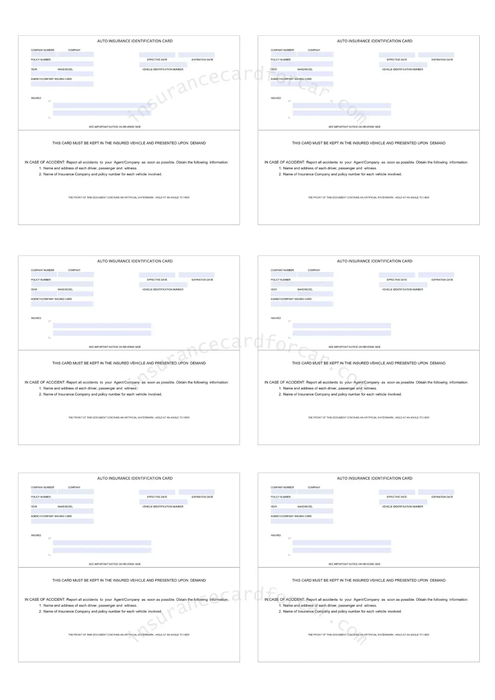 Auto Insurance Card Template